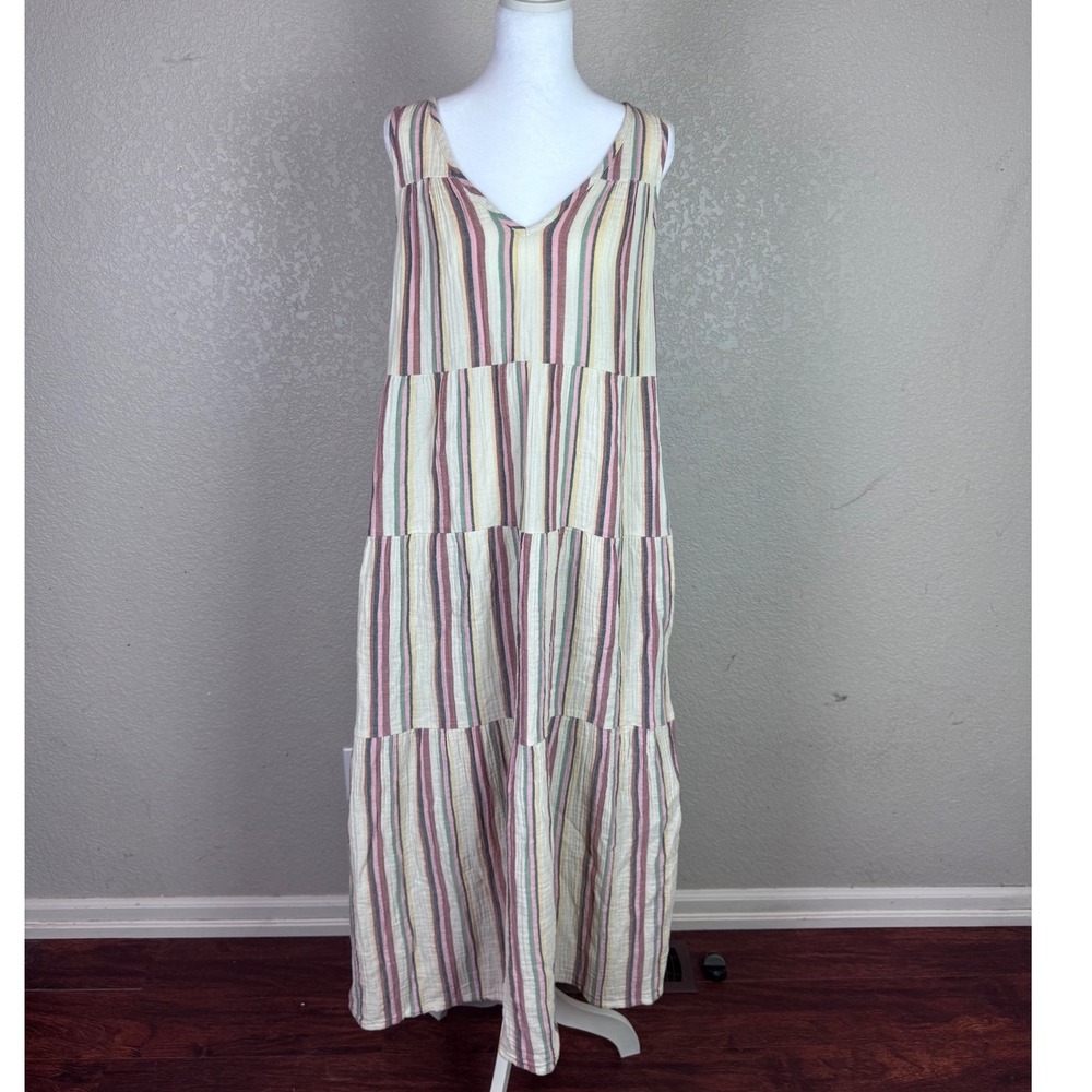 Marine Layer Women Large Multi Color Striped Tiered Gauze V-Neck Maxi Dress